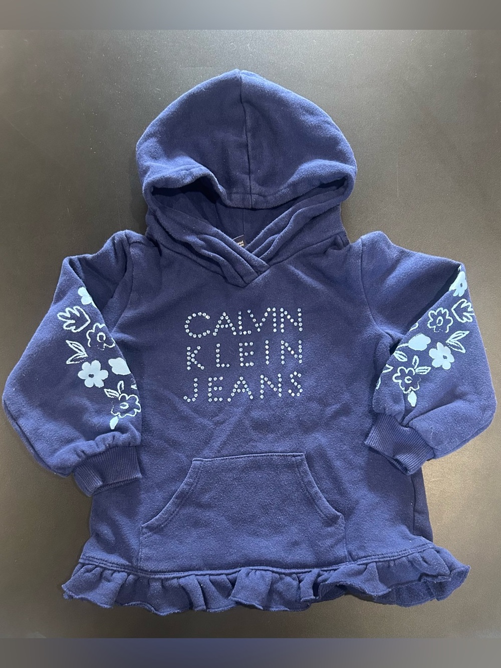 Calvin Klein Jeans Girls Navy Hooded Sweatshirt with Floral Sleeves